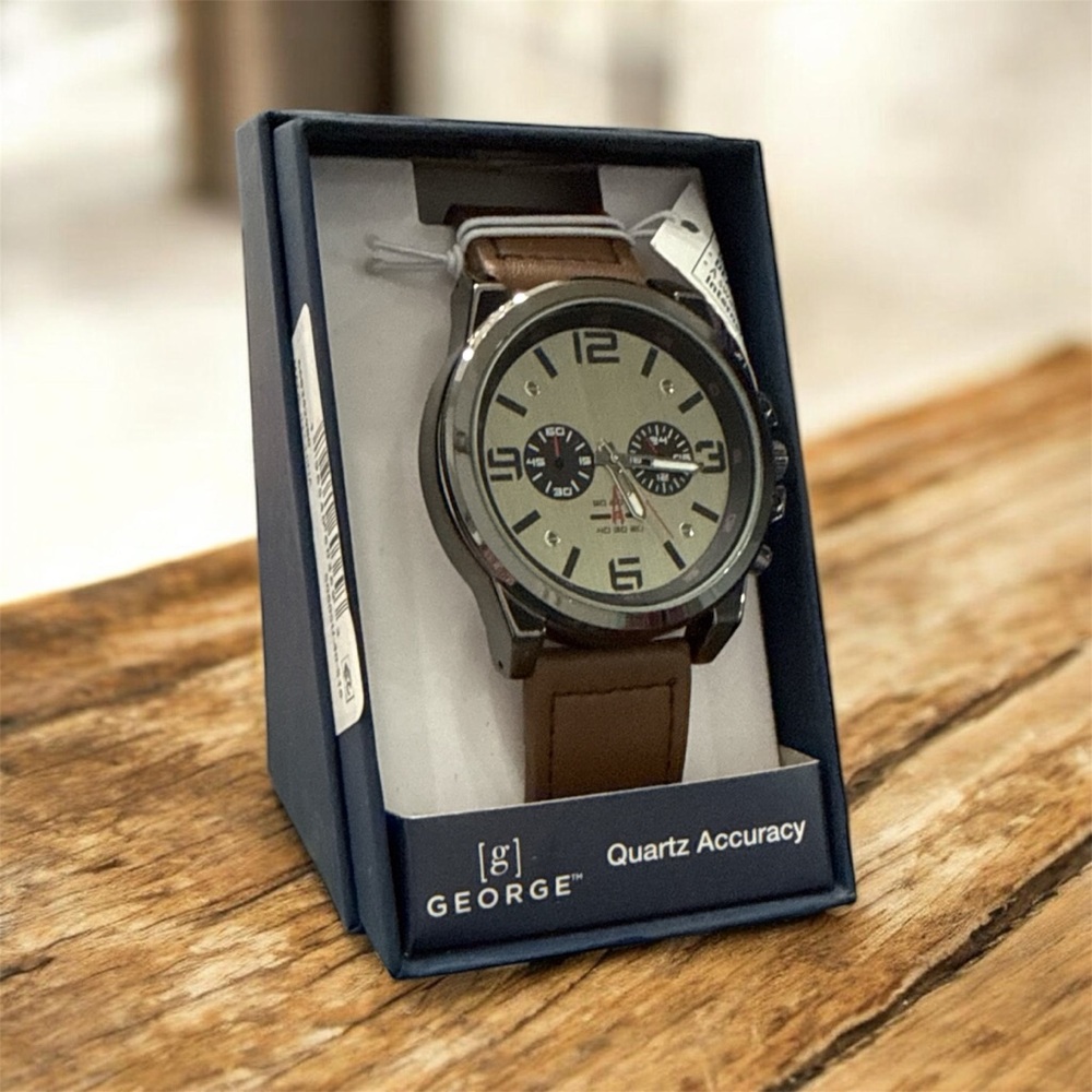 New George Men's Analogue Watch Round 48mm Gunmetal Case Tan Color
